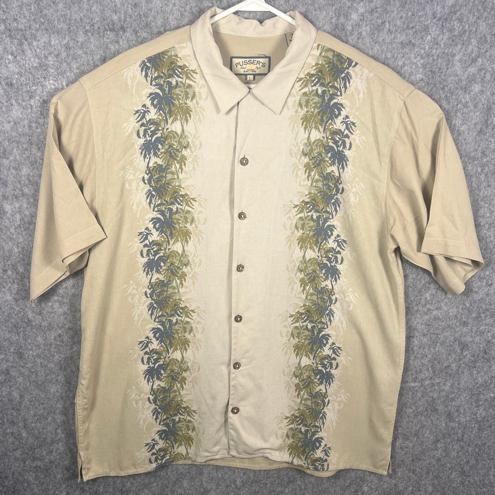 Pussers Island Style Men's Large Tan 100% Silk Palm Tree Graphic Camp Shirt L